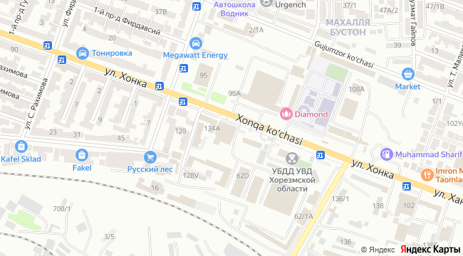 Map showing Dunyo restaurant, Urganch